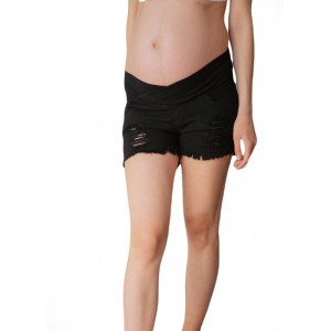 Рваные джинсовые шорты под живот для беременных Черные